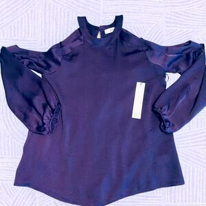 Neimen Marcus eggplant purple satin cold shoulder blouse by NSR. NWT size M